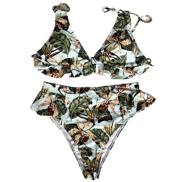 Tropical Palm High Waisted Ruffle Bikini Set - Picture 6 of 10